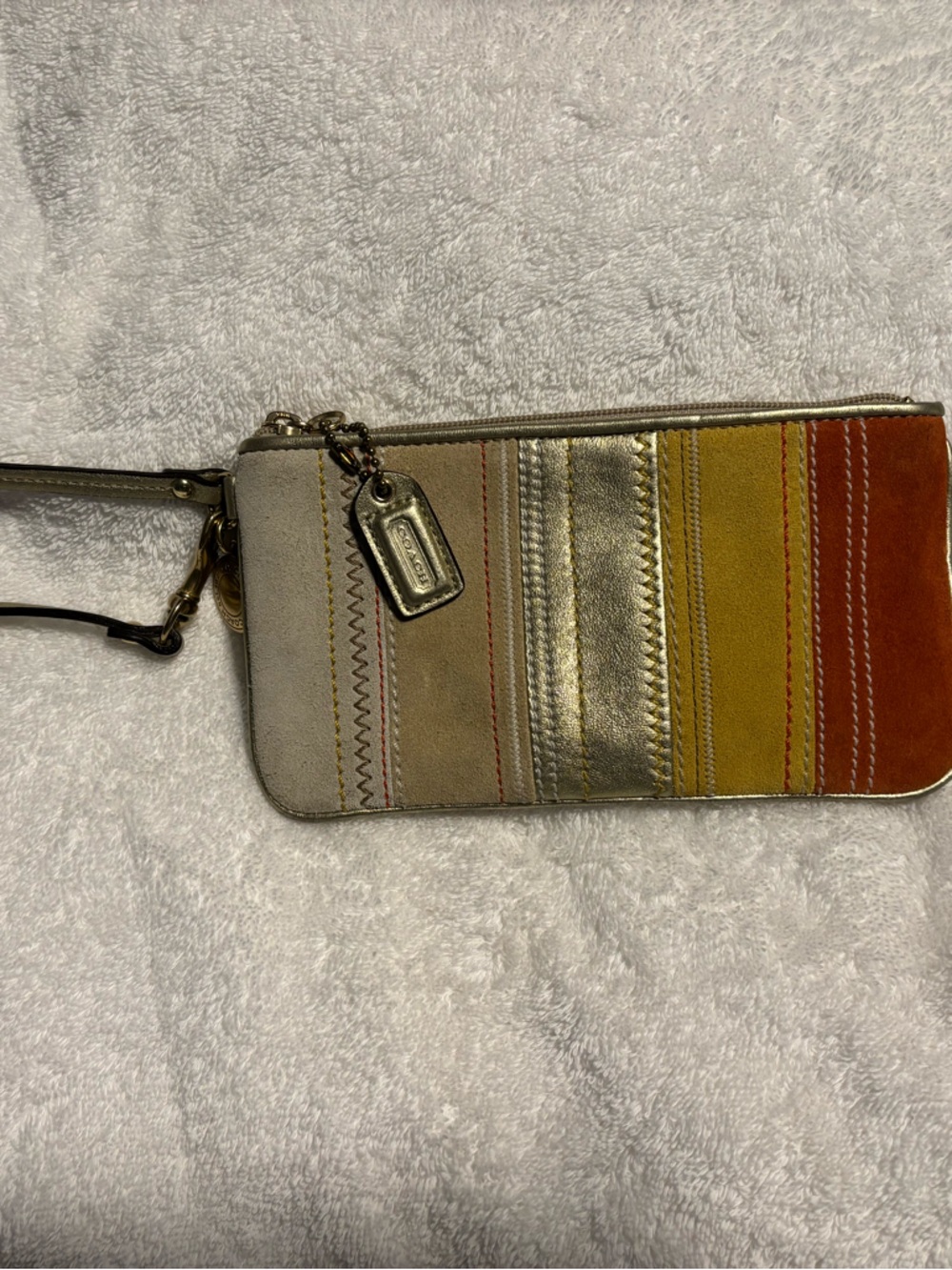 COACH Striped Leather Wristlet Phone Case in Gold, Tan, Mustard & Rust